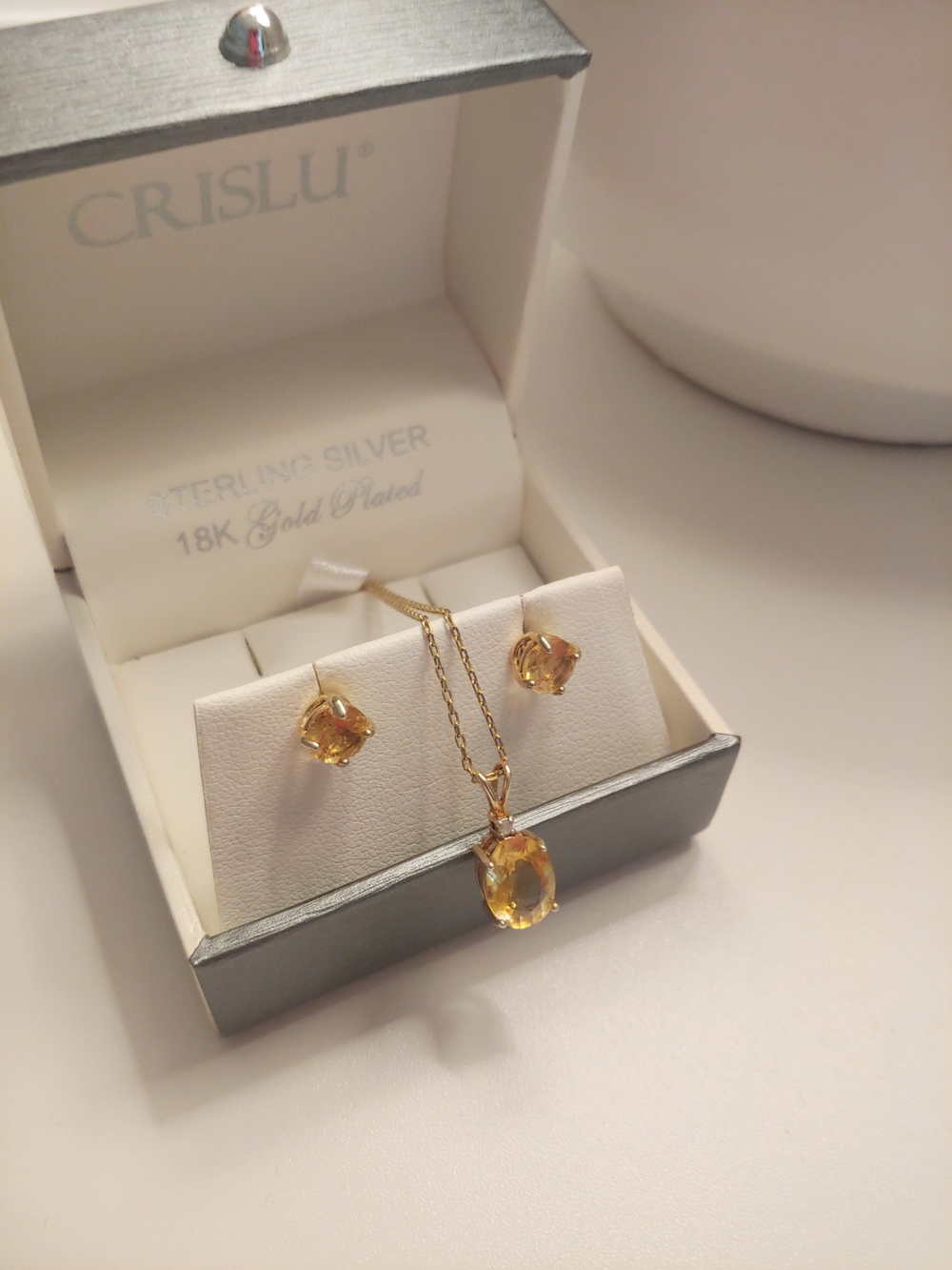 18k Gold-Plated Citrine Pendant Necklace with Matching Post Earrings - Yellow